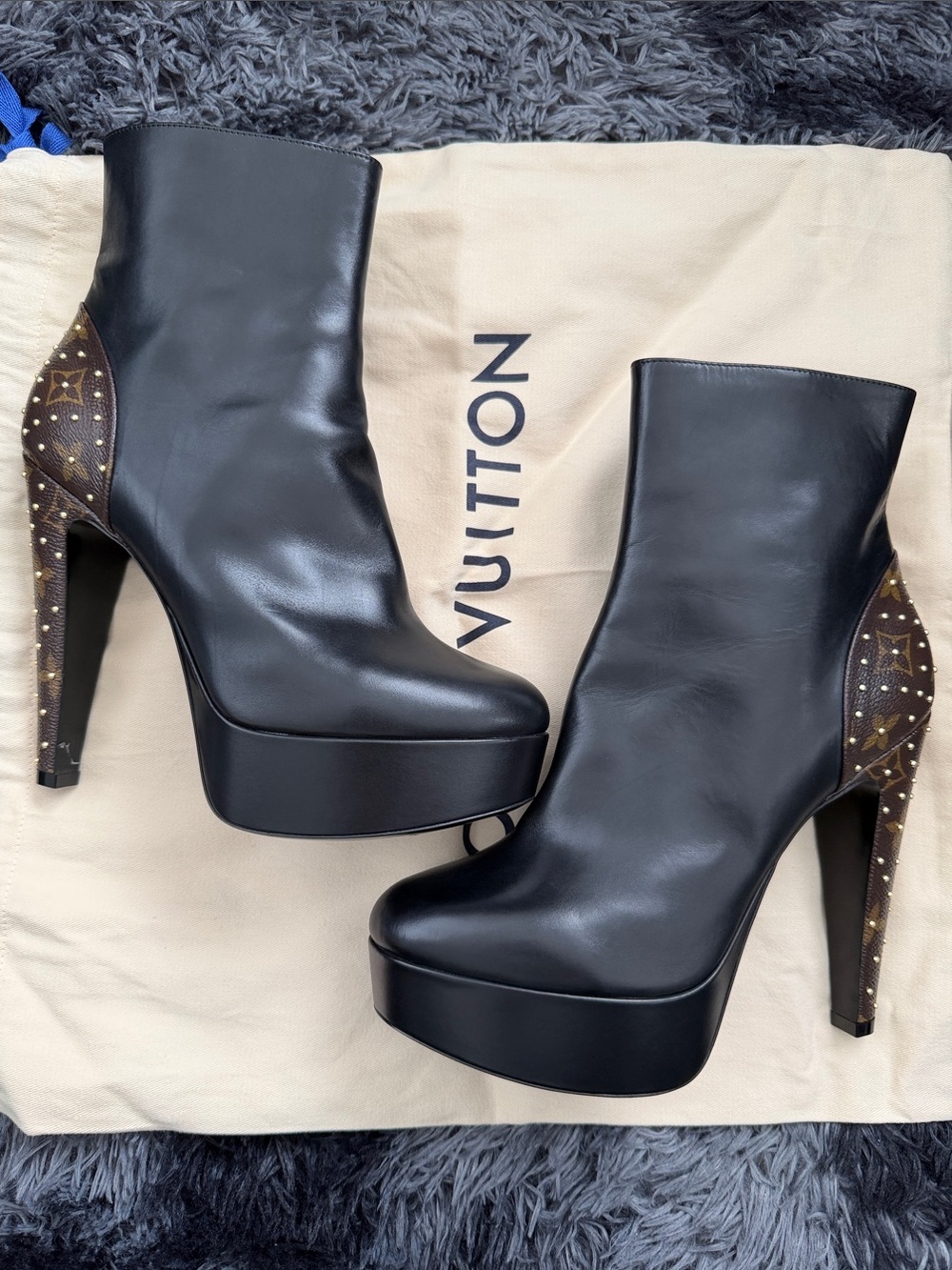 Louis Vuitton Black Leather Platform Ankle Boot with Monogram Studded Heel